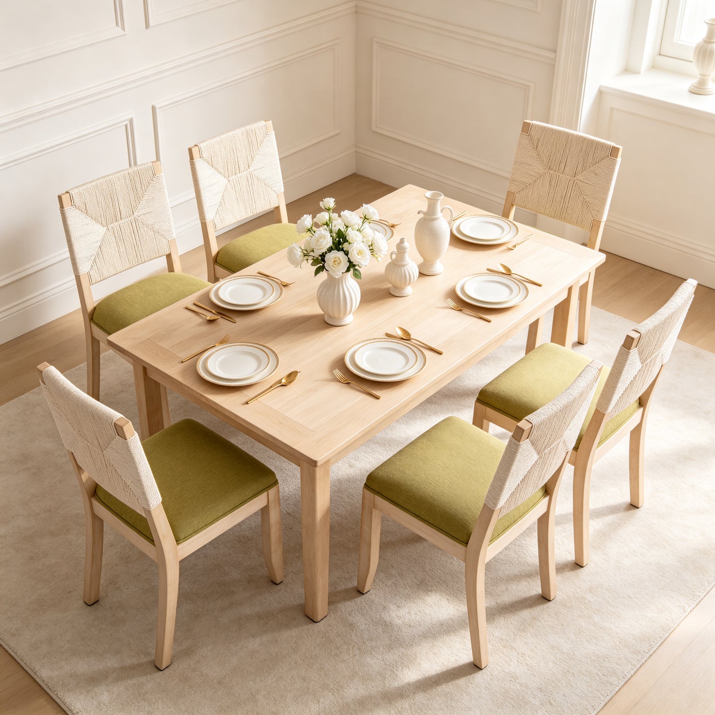 Olive Green Dining Chairs Set of 2 - Woven Back & Linen Seat