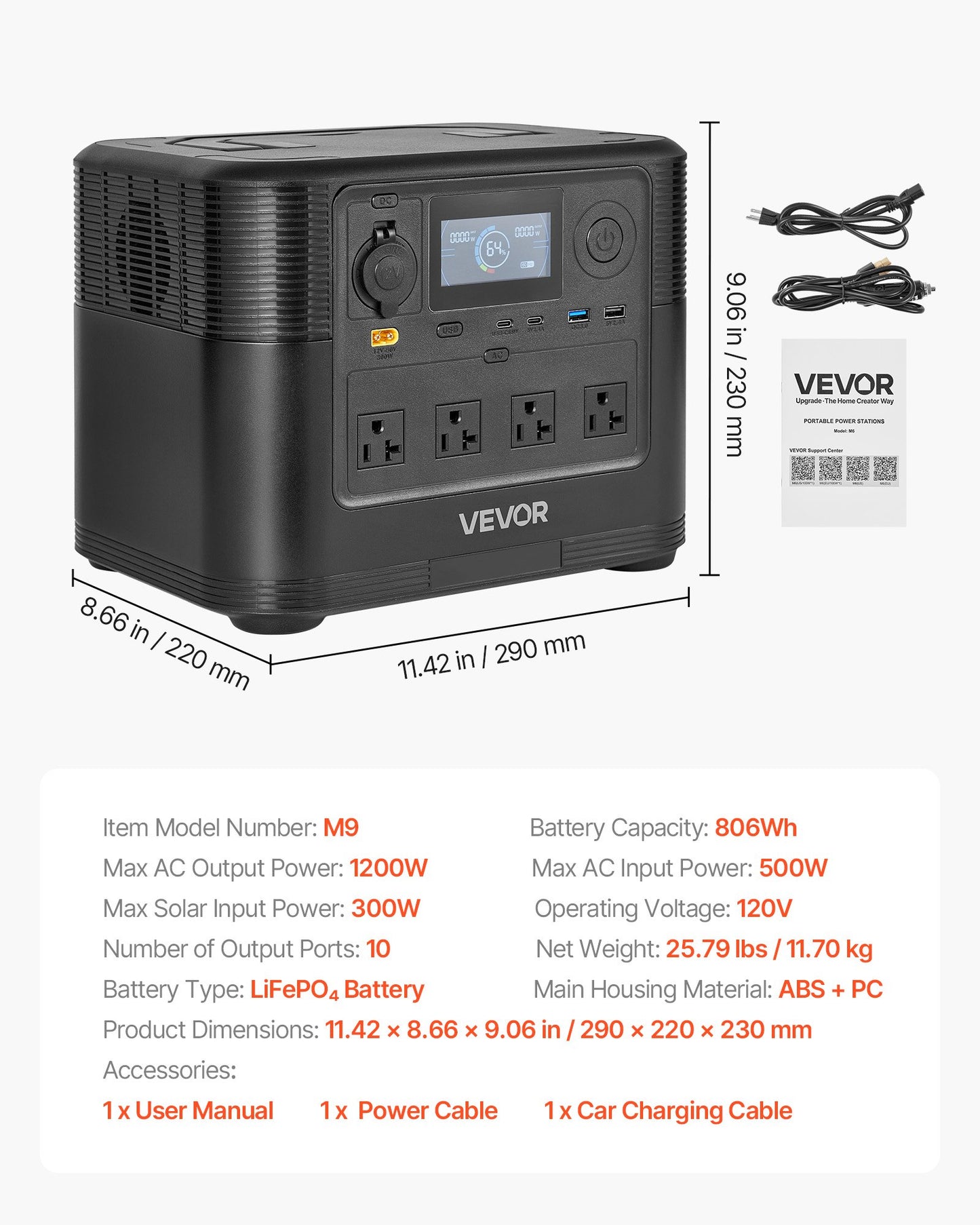 1200W Portable Solar Generator Power Station with 806Wh LiFePO4 Battery and 10 Output Ports