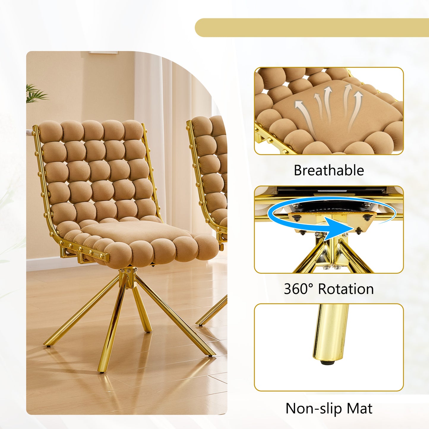 Set of 2 Tufted Ball Backrest Swivel Chairs with Gold Legs - Brown & Gold