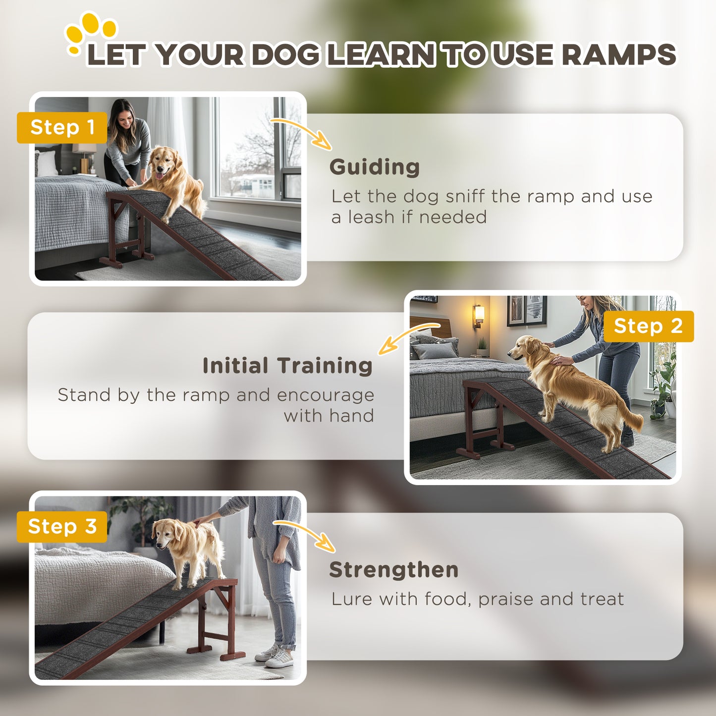 Dog Ramp for Bed - Non-Slip Pet Ramp with Top Platform, 74 x 16 Inches, Brown