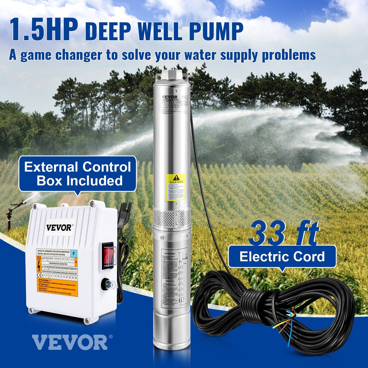 Deep Well Submersible Pump 1.5HP 115V Stainless Steel Water Pump for Irrigation & Industrial Use