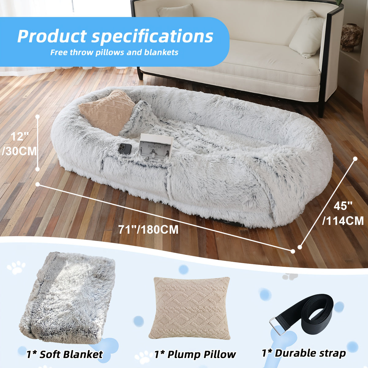 Oversized Human & Pet Dog Bed with Orthopedic Support - 71 x 45 Inch Faux Fur Lounger, Washable Cover, Pillow & Blanket Included