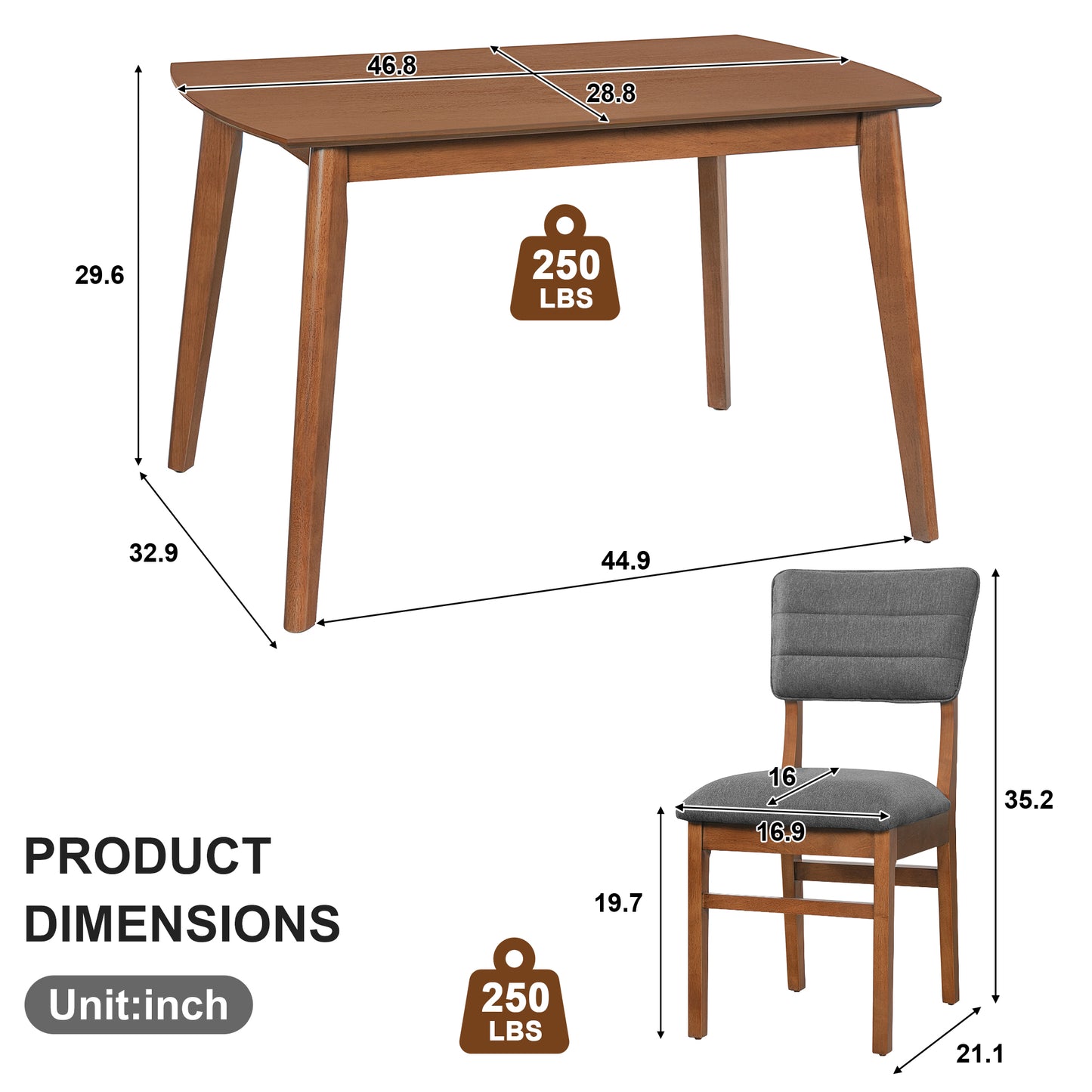 Farmhouse Dining Table Set for 4 with Upholstered Chairs - Brown & Gray