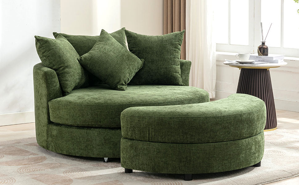 360° Swivel Accent Barrel Chair with Storage Ottoman & 4 Pillows - Green