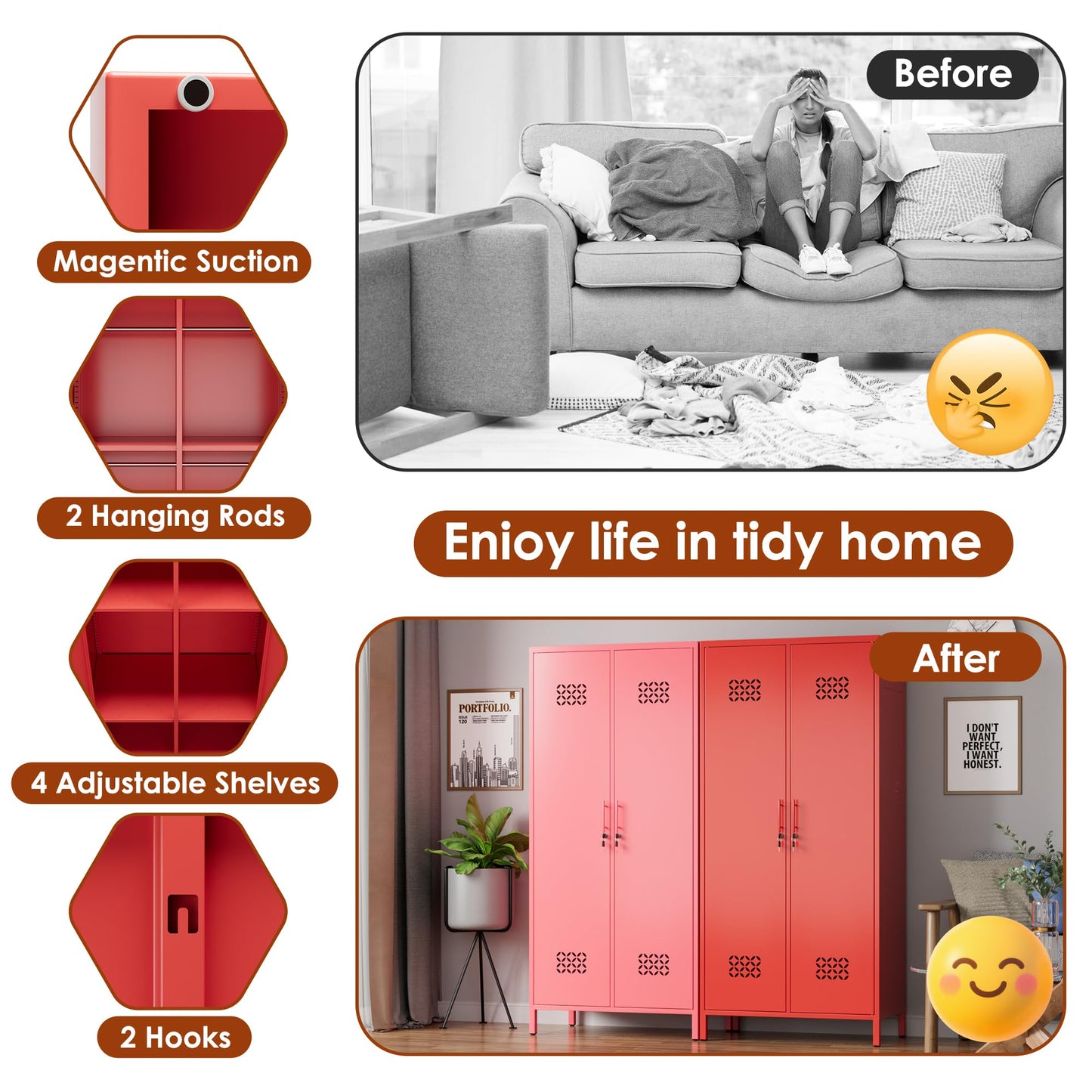 Metal Wardrobe Cabinet with Adjustable Shelves - Red