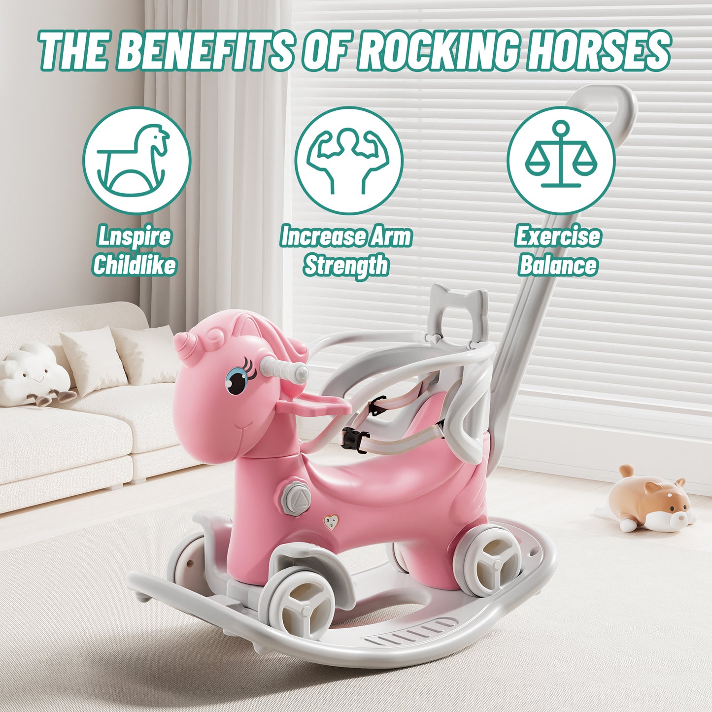 Unicorn Rocking Horse for Toddlers - Pink Balance Bike with Push Handle