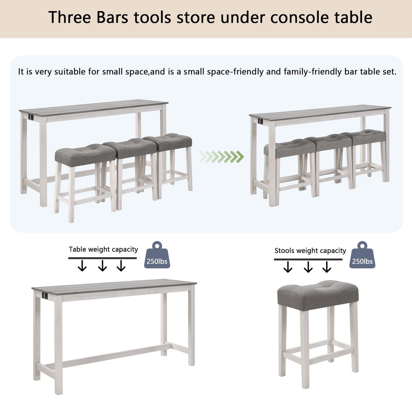 Bar Table Set with Power Outlet & 3 Padded Stools - Grey & White