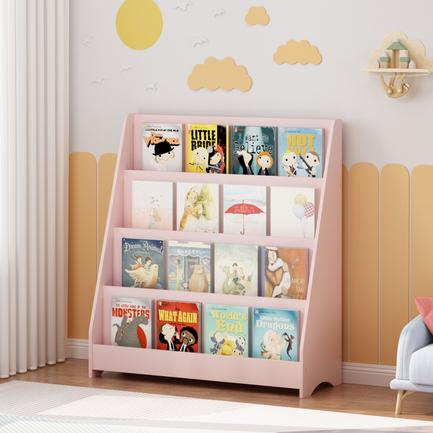 4-Tier Kids Bookshelf - Pink MDF Book Display Shelf