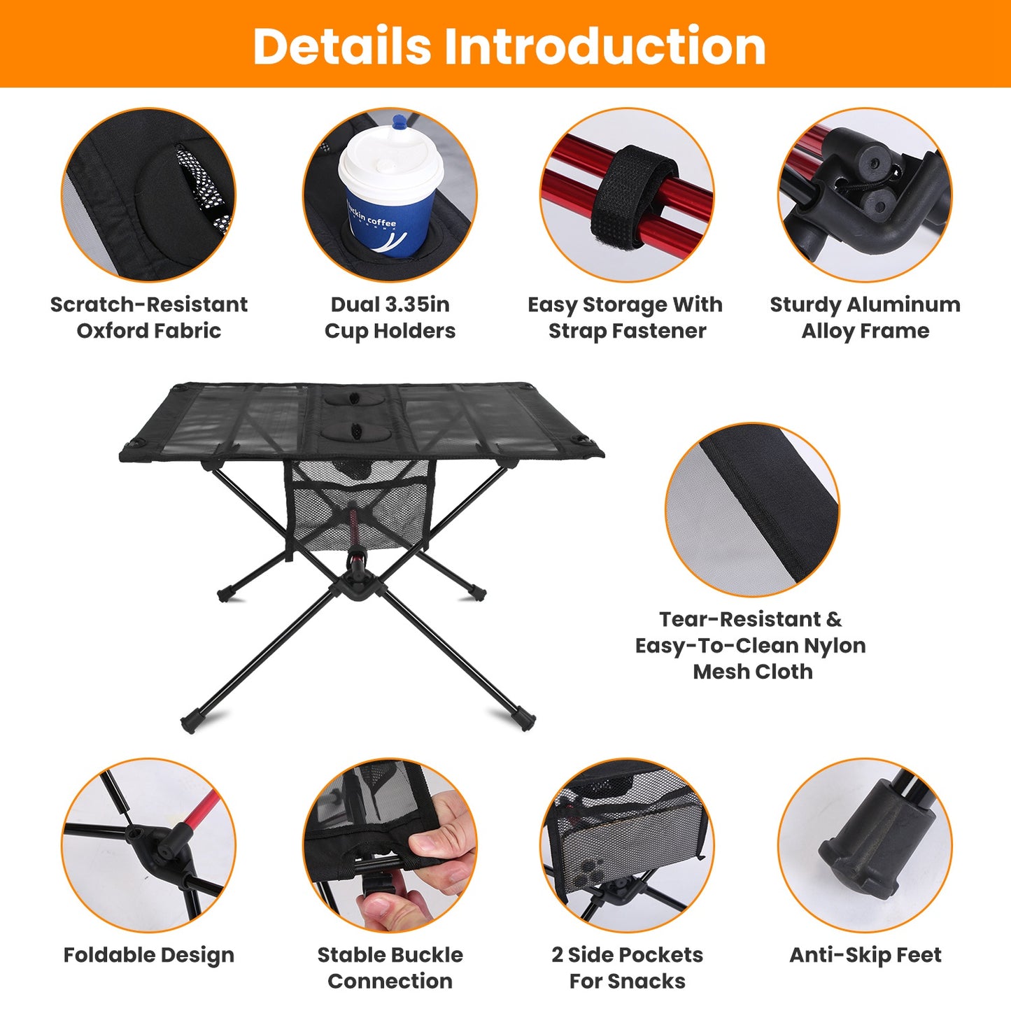 Portable Folding Camping Table with Cup Holders & Storage Bag - Black