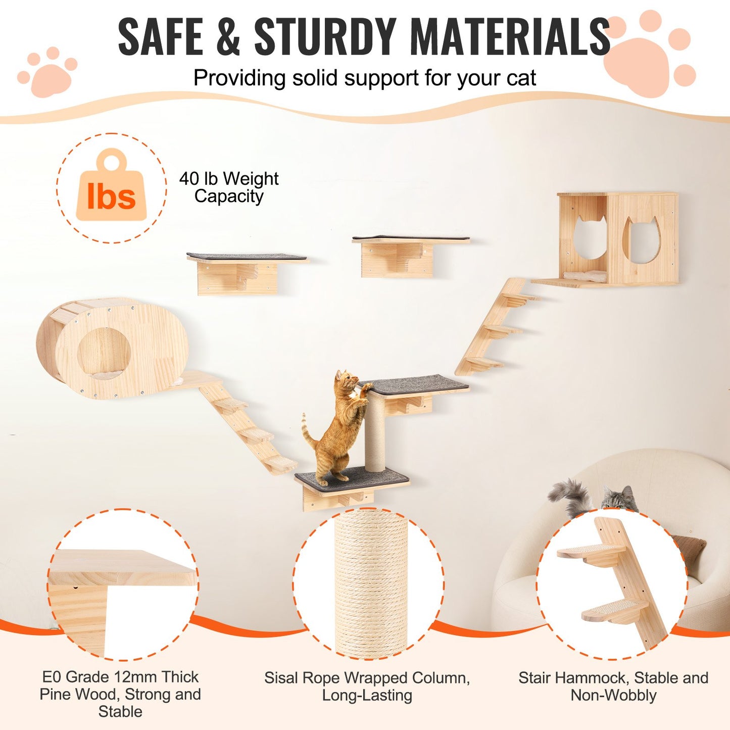 Wall Mounted Cat Shelves Tree Set with Jumping Boards Nests & Hammock - Natural
