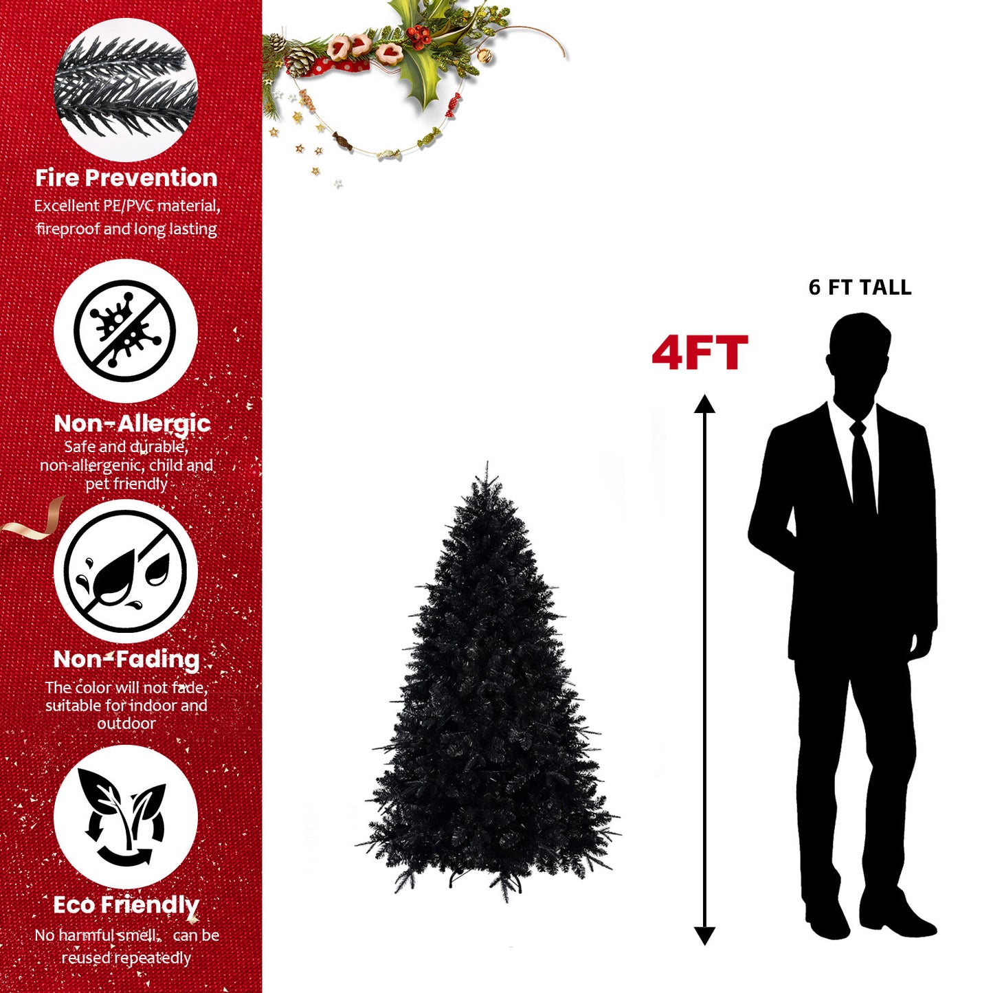 Prelit Black Christmas Tree with White Lights - Multiple Heights