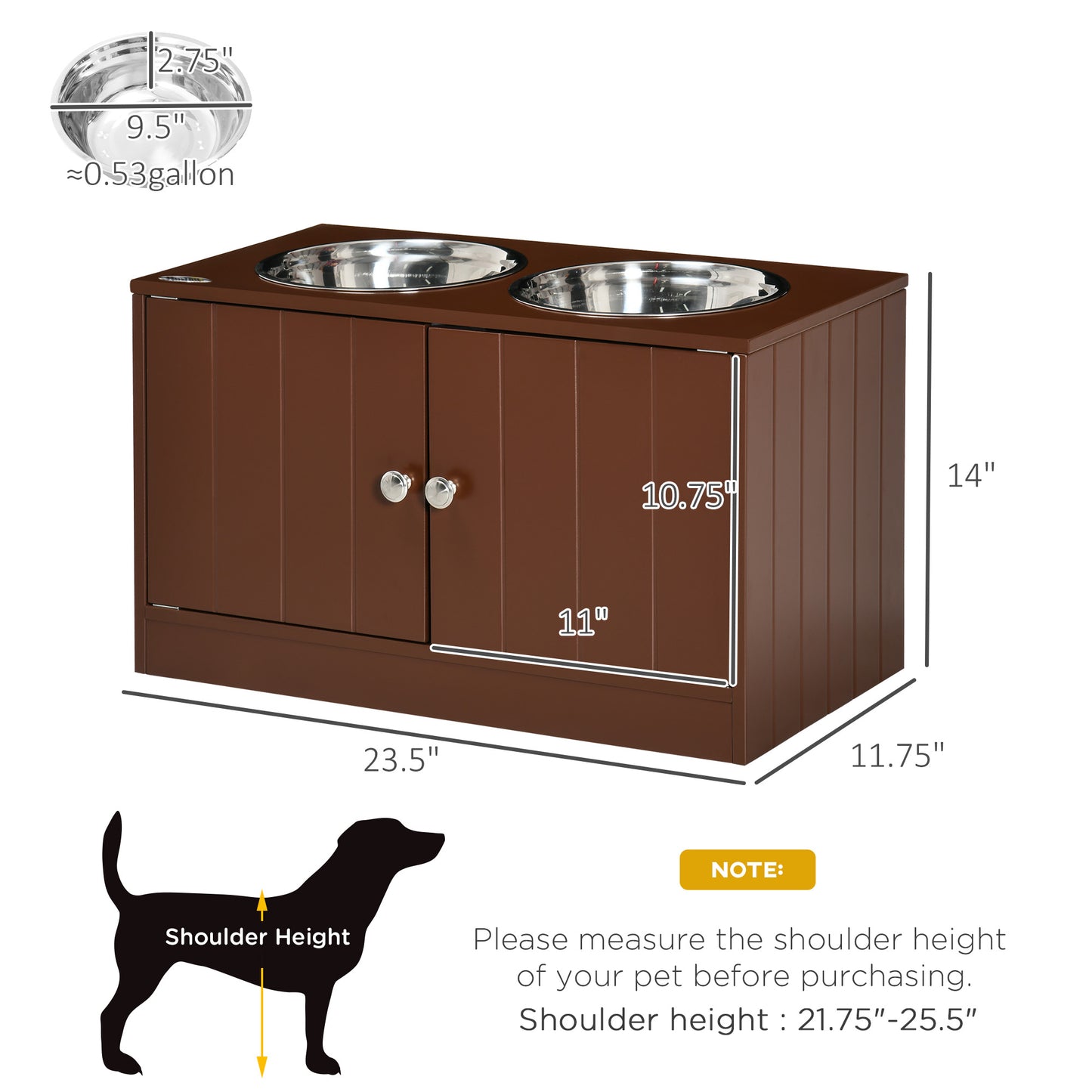 Elevated Dog Bowl Stand with Storage Cabinet - Large Pet Food Station, Brown