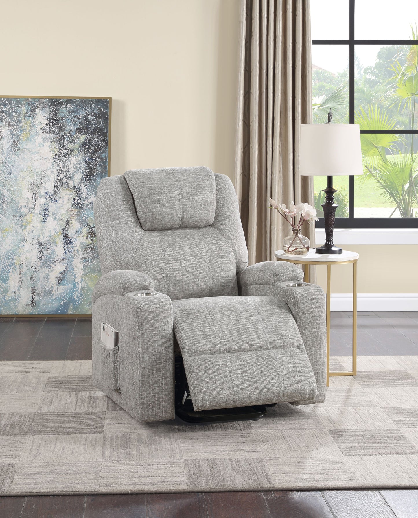 Light Gray Chenille Recliner with Power Lift & Massage
