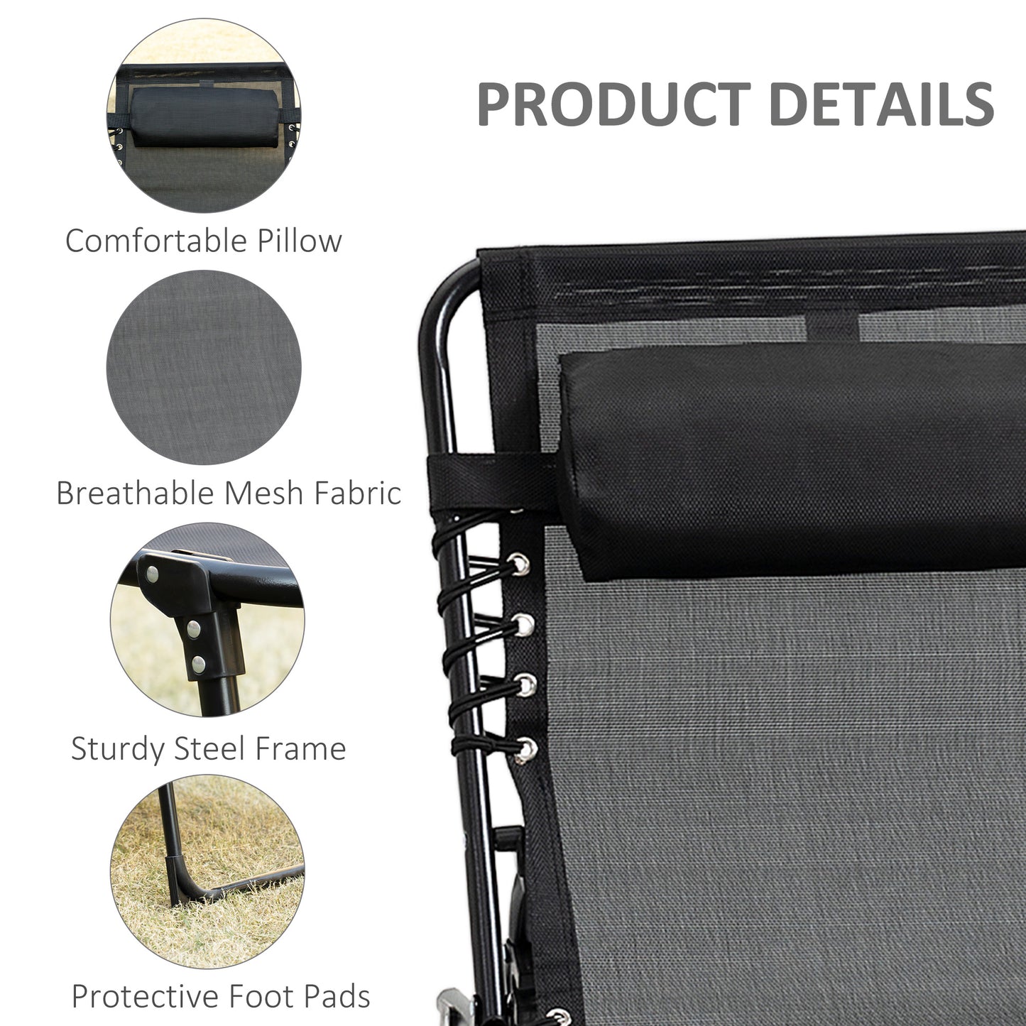 Portable Reclining Lounge Chair with Adjustable Backrest - Black