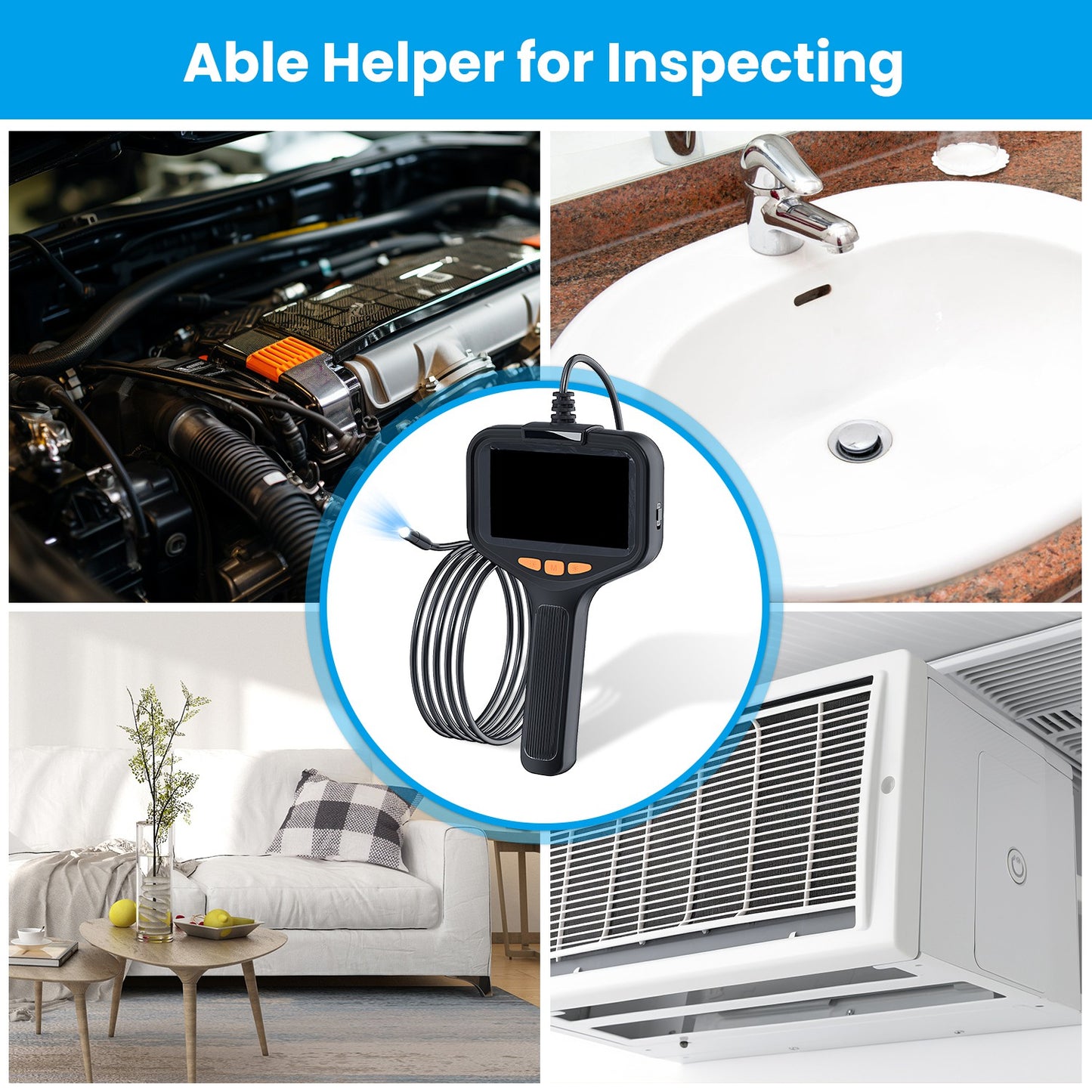 HD Inspection Camera with Light 4.3in Screen 16.4ft Waterproof Borescope for Plumbing & Automotive