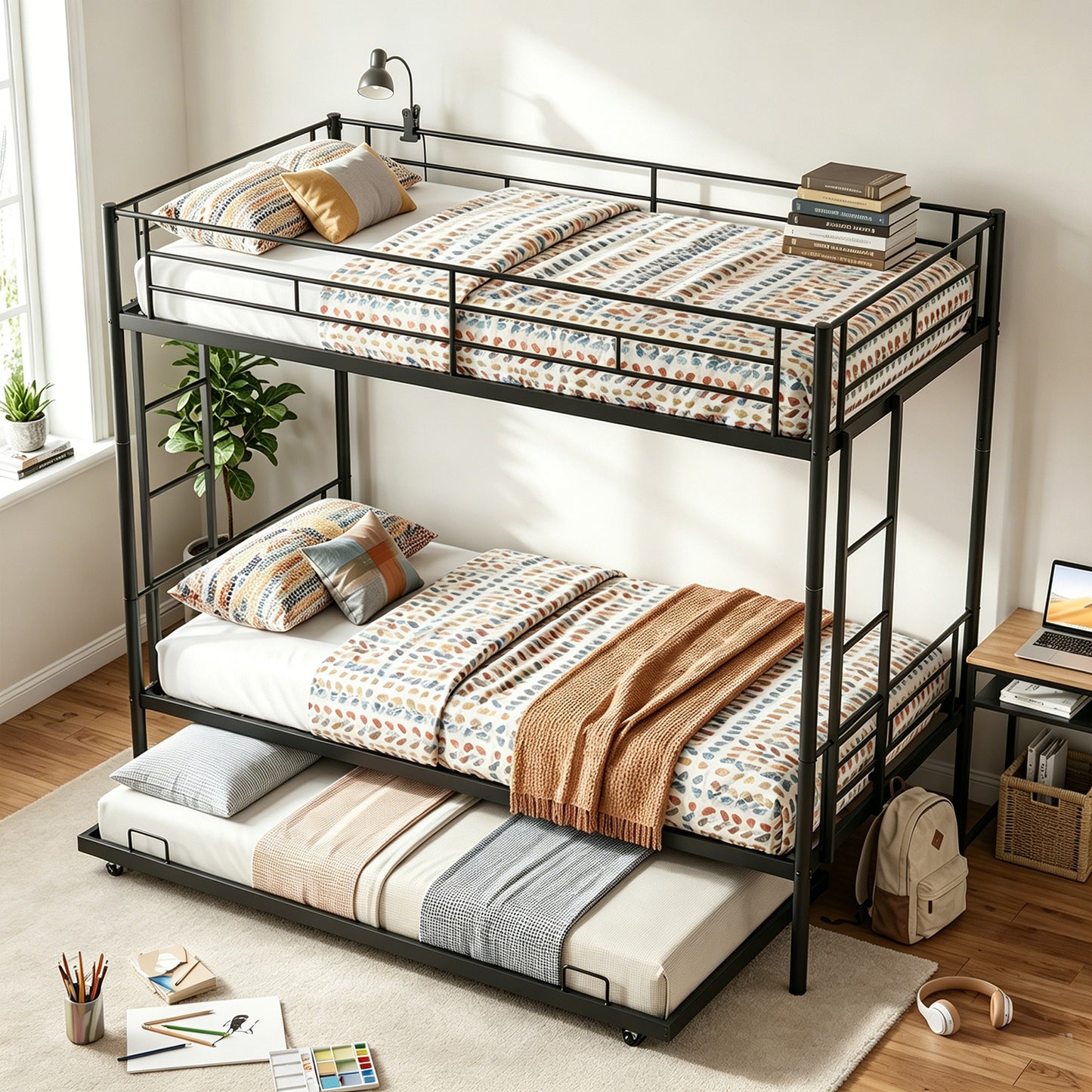 Twin Over Twin Bunk Bed with Trundle, Safety Rails & Dual Ladder