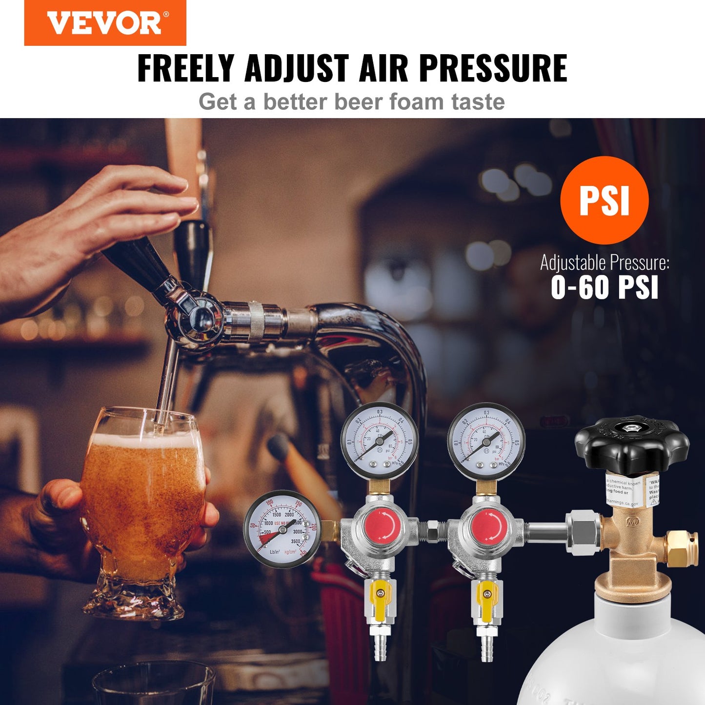 CO2 Regulator Gauge with 0-60 PSI Adjustable Pressure Control