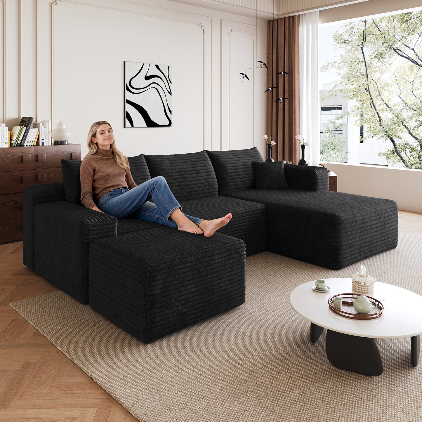 95" Cloud Sectional Sofa with Ottoman - Modern Black Corduroy