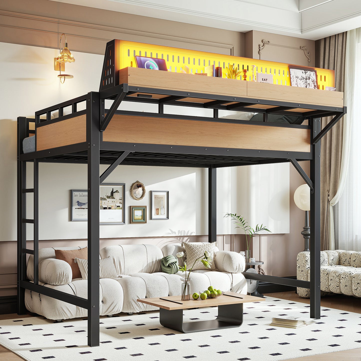 Full Size Metal Loft Bed with Storage, USB Ports & LED Lights - Natural