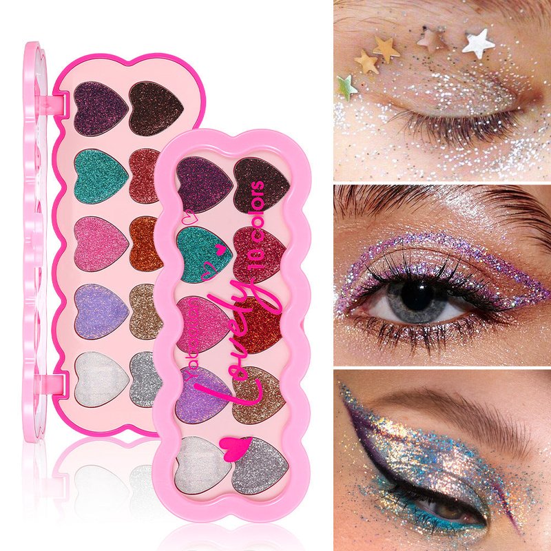 Pearlescent Heart Sequins Eye Shadow Palette – 10 Color Classifications