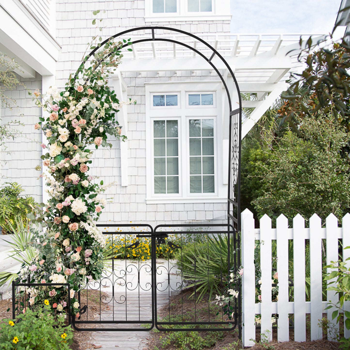 Garden Arbor Arch with Gate and Planter Box - Black Iron Support for Climbing Plants