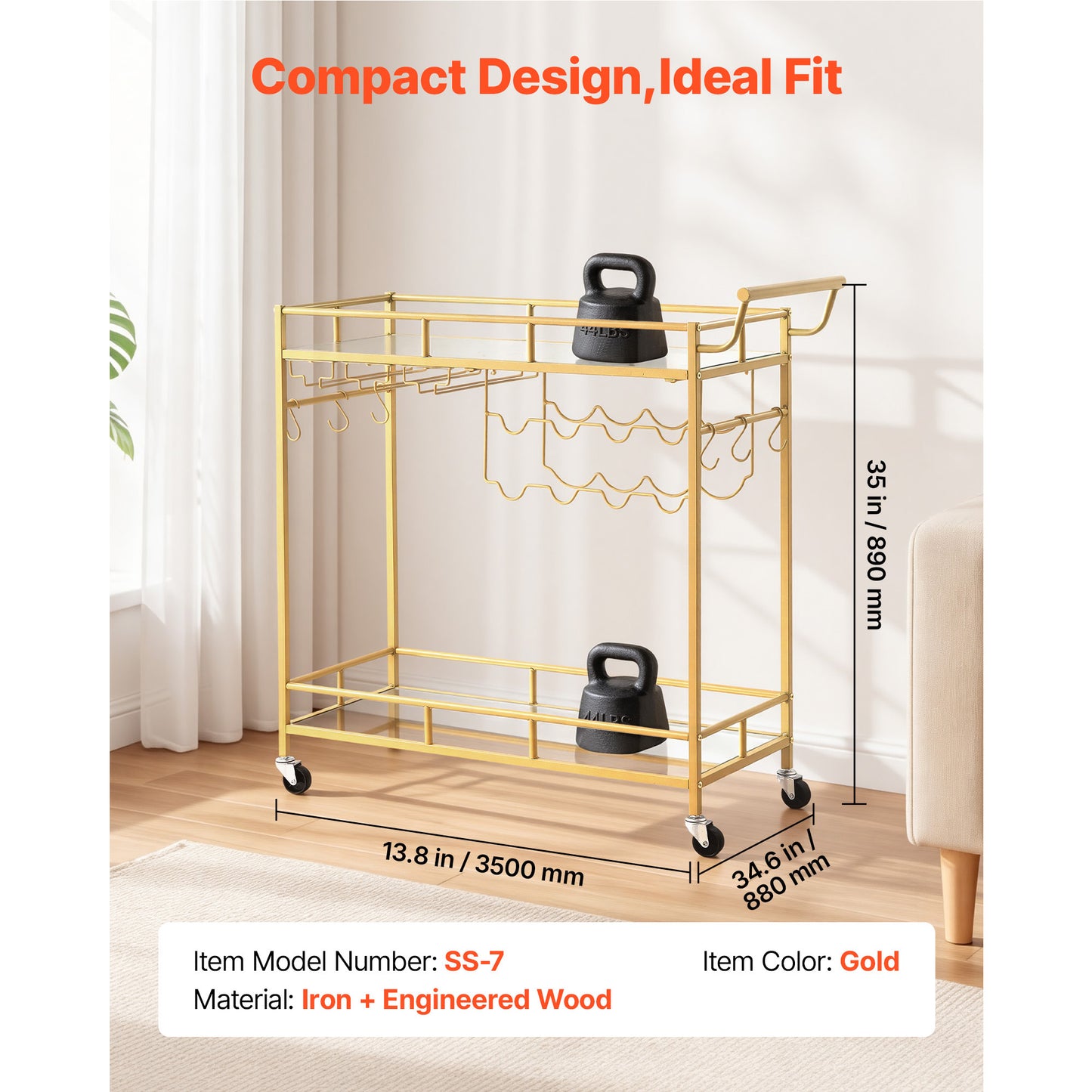 Bar Cart with Mirrored Glass Shelves and Wine Rack - Gold 2-Tier Serving Trolley