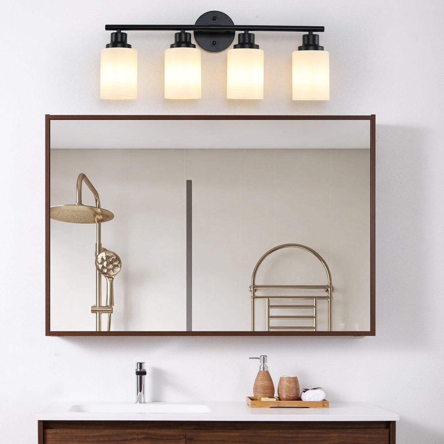 Modern 4-Light Bathroom Vanity Light - Frosted White Glass & Black Iron Frame