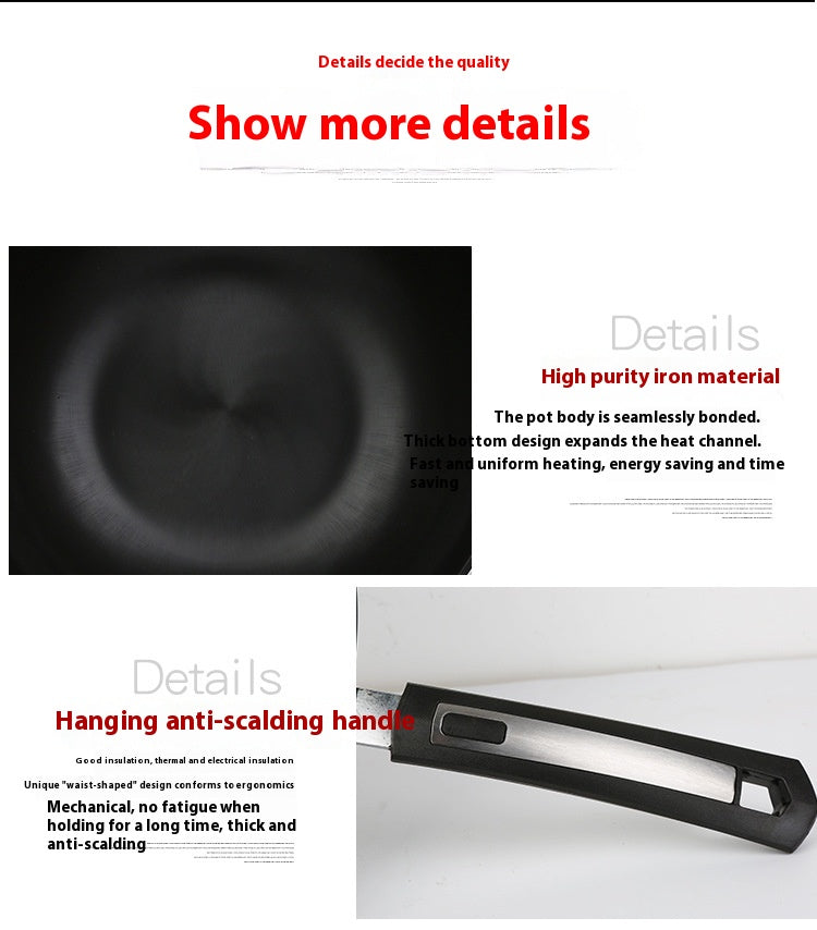 Non-Stick Iron Wok with Double Bottom - 30cm, 32cm, 34cm Sizes