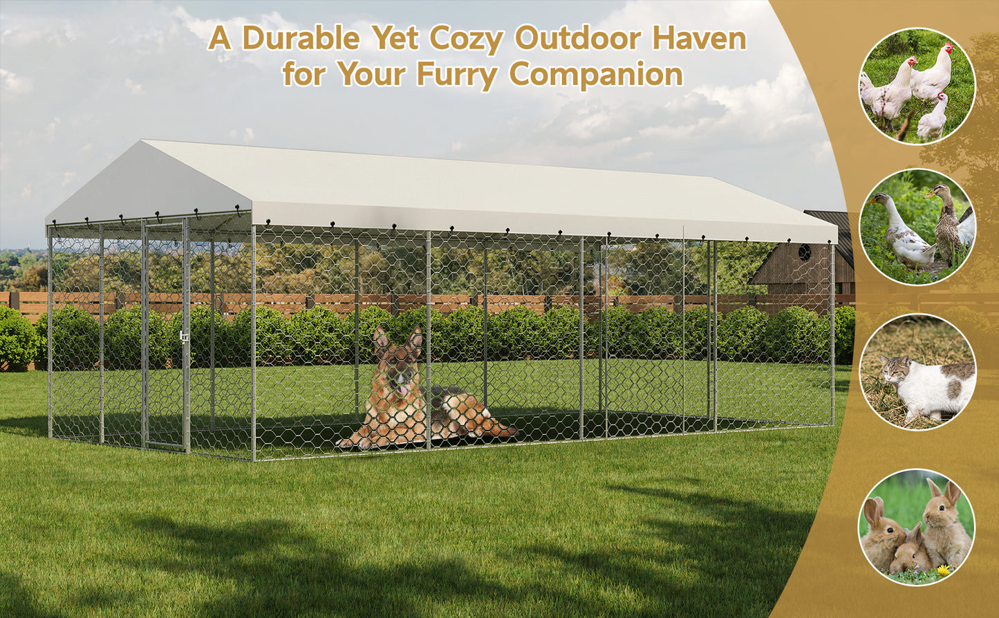 Large Outdoor Dog Kennel with Canopy - Heavy Duty Galvanized Steel Frame, Waterproof Cover, All-Weather Escape-Proof Pet Pen for Large Dogs