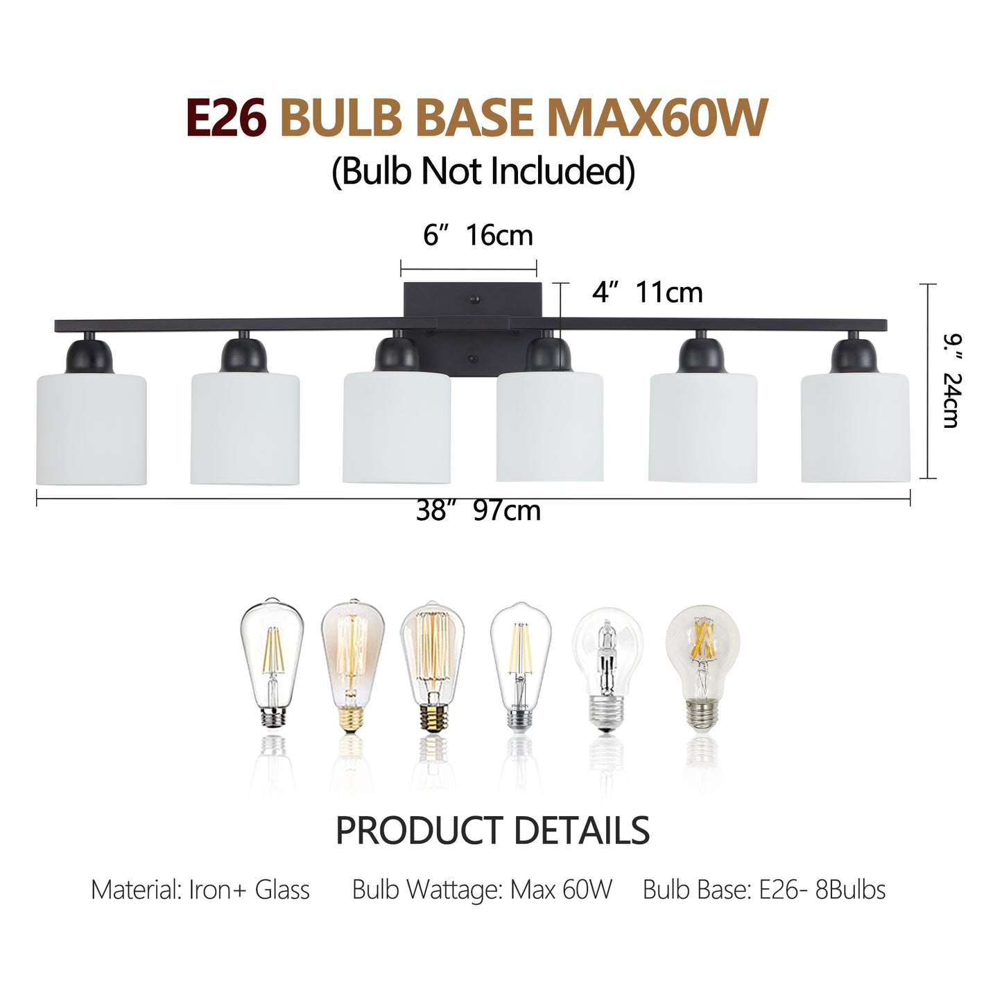 6-Light Matte Black Bathroom Vanity Light Fixture with Glass Shades
