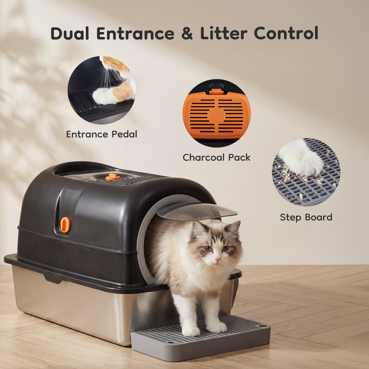 Double-Entry Convertible Cat Litter Box with Lid and Storage