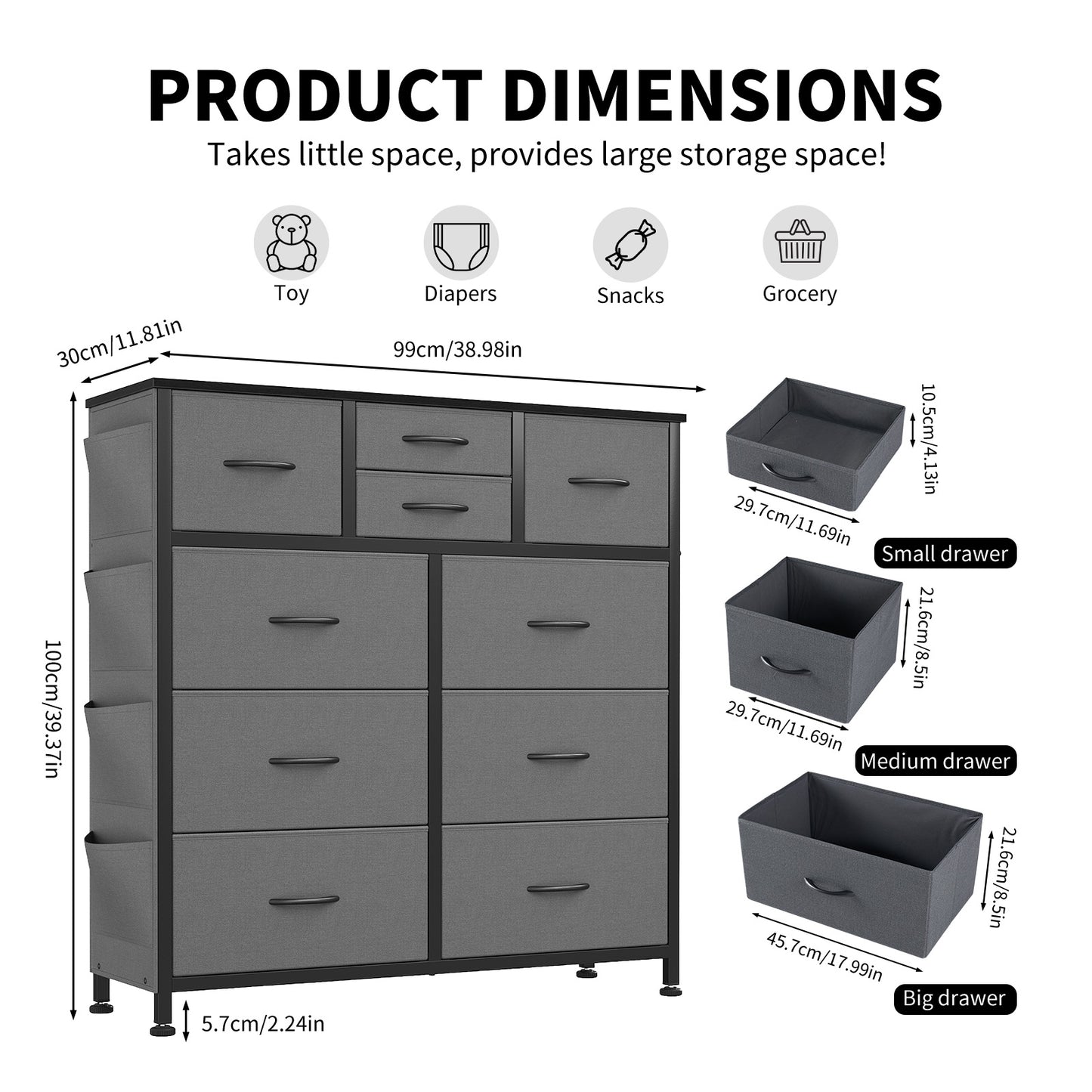 10-Drawer Storage Cabinet with Side Pocket & Hooks - Gray