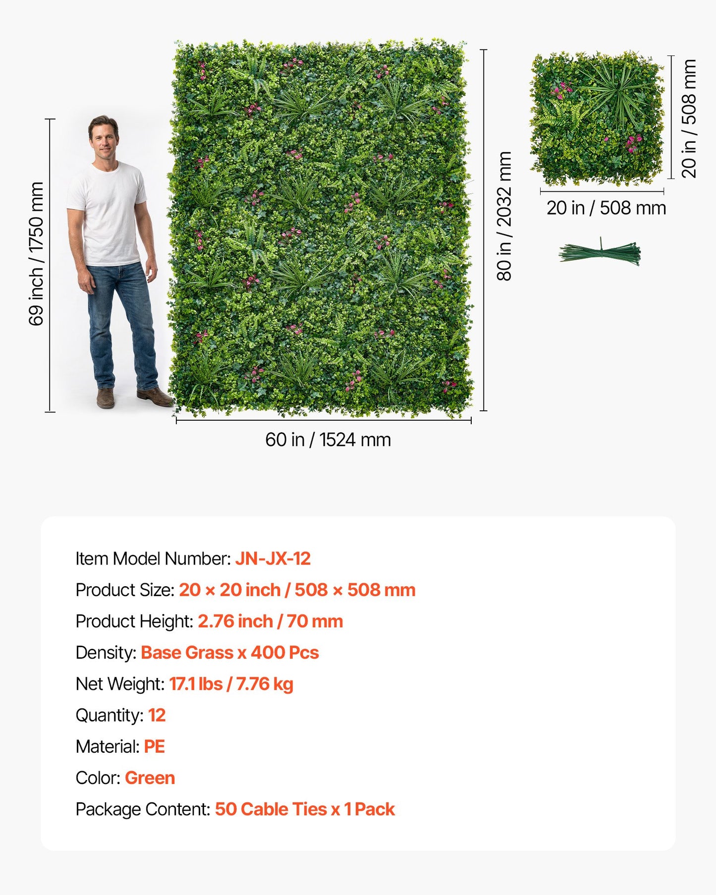 Artificial Plant Wall Panels 12-Pack 20x20 Inches Greenery Privacy Fence for Indoor & Outdoor Garden