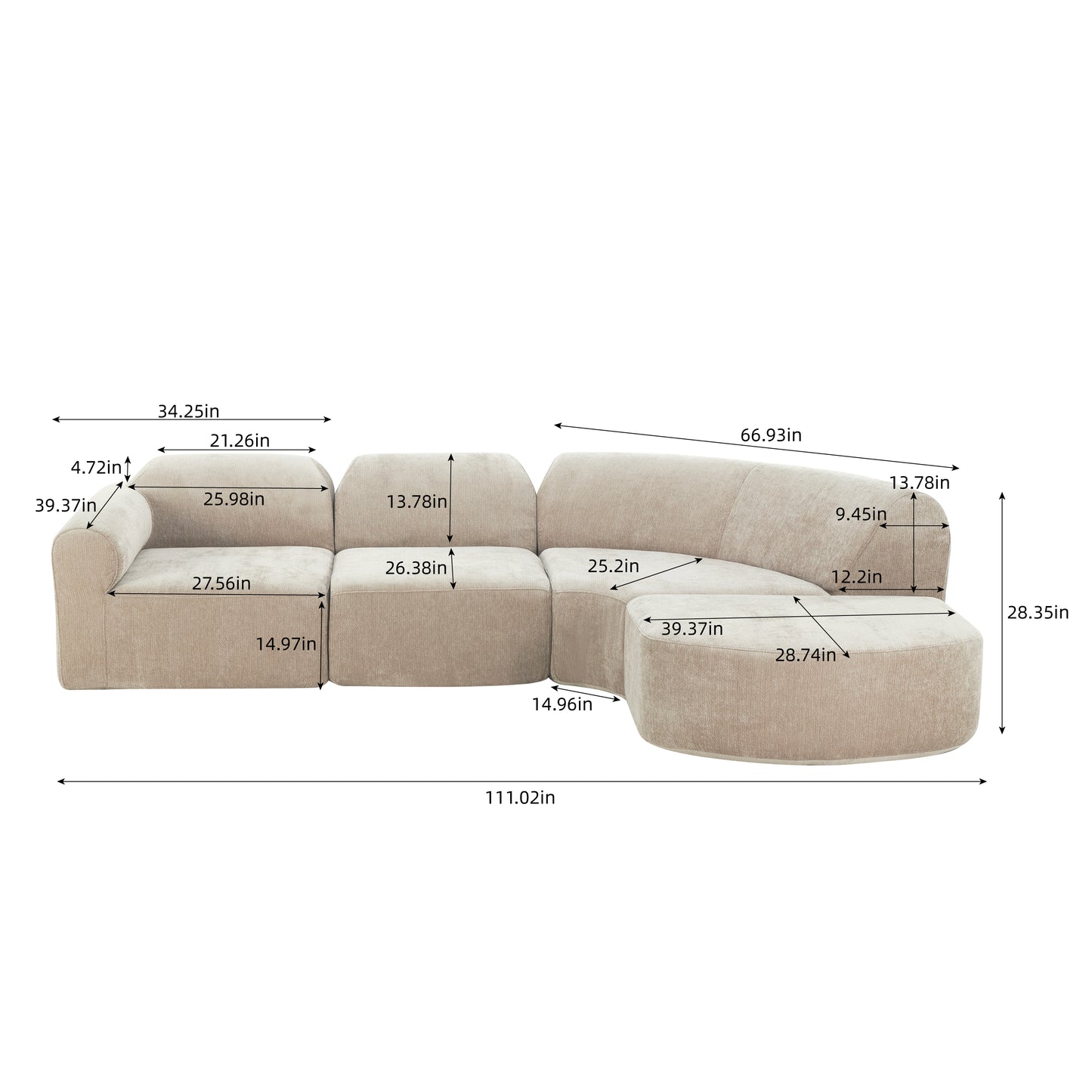 111" Modern Curved Sectional Sofa with Ottoman - Espresso