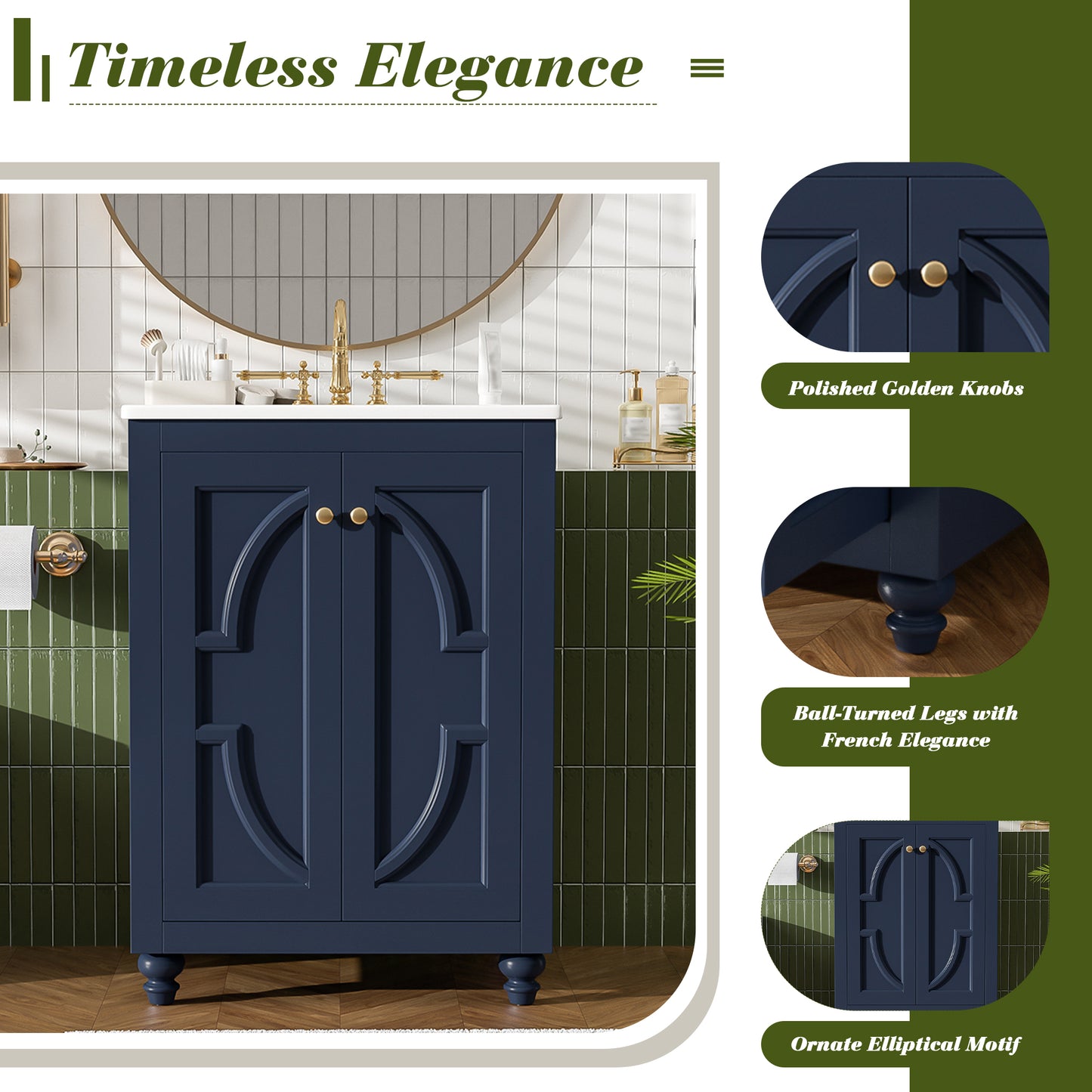 24" Blue Modern Bathroom Vanity with Ornate Design & Soft-Close Hinges