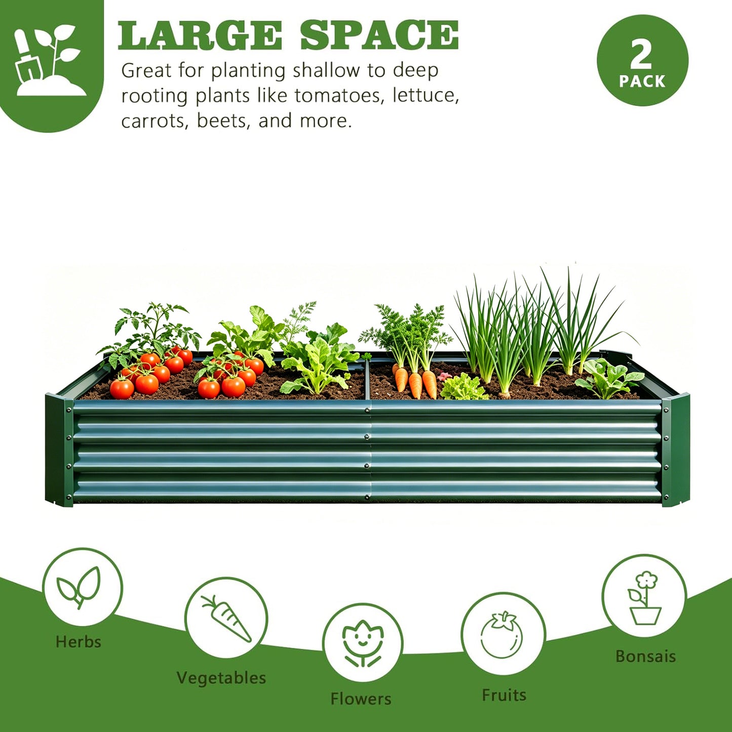 2PCS Green Metal Raised Garden Planter Beds - 6'x3'x1'