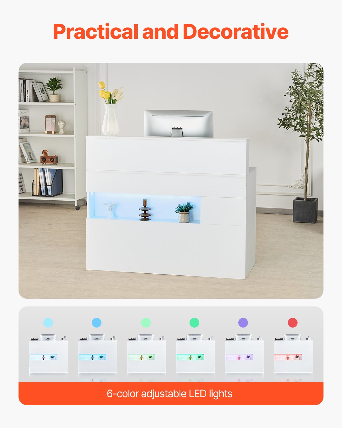 Reception Desk with LED Light - 47 Inch White Office Counter Table