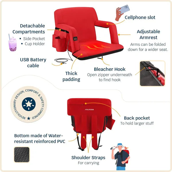 Heated Reclining Stadium Seat with Back Support - Red, 21" Wide