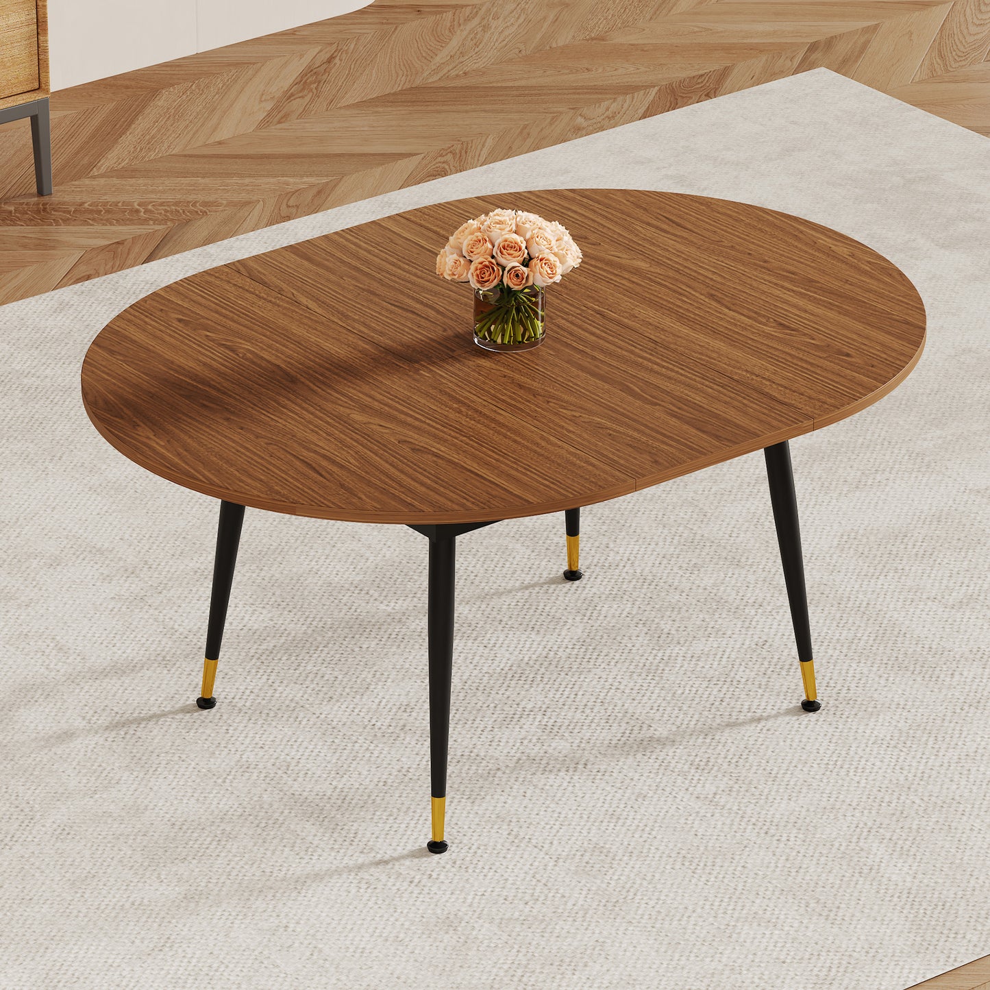 Walnut Oval Extendable Dining Table, MDF Top Modern Expandable