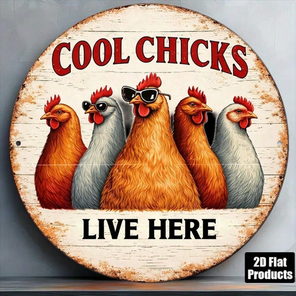Funny Chicken Round Sign - Retro Farmhouse Decor - 8x8in Tin