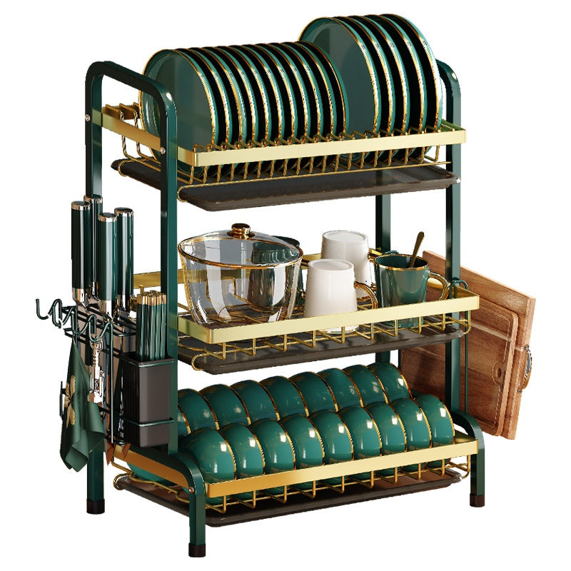 Two-Layer Kitchen Dish Rack Drainer with Cutting Board & Utensil Holders