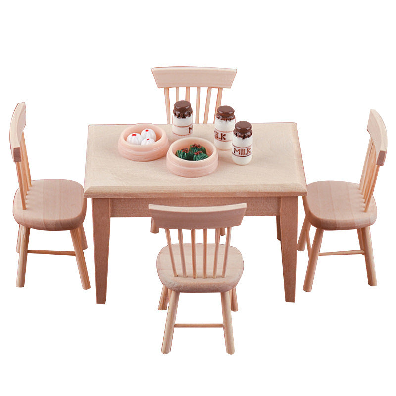 Miniature Wooden Dollhouse Furniture Set with Tables and Chairs - Handcrafted Kids Play Decor