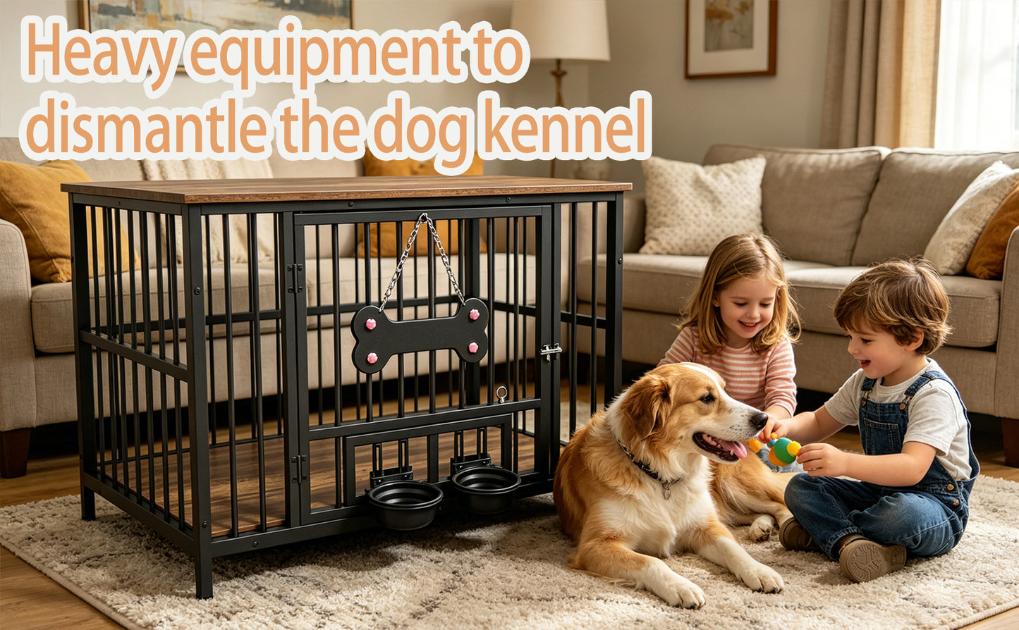 Wood Grain Dog Cage with Rotating Bowl and Silicone Safety Material - Pet Guardrails