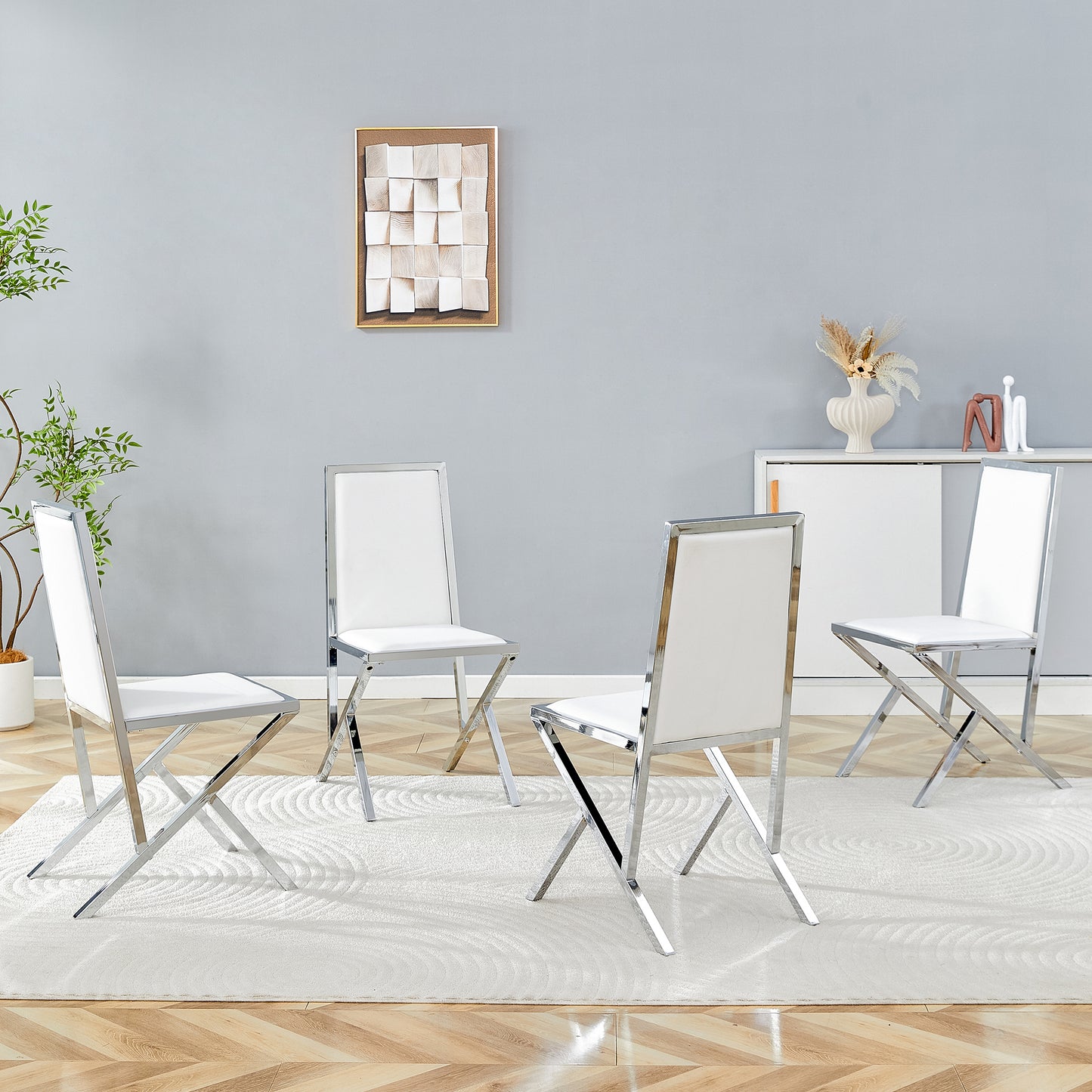 4-pack Silver Metal Framed White PU Dining Chairs Ergonomic Design, A
