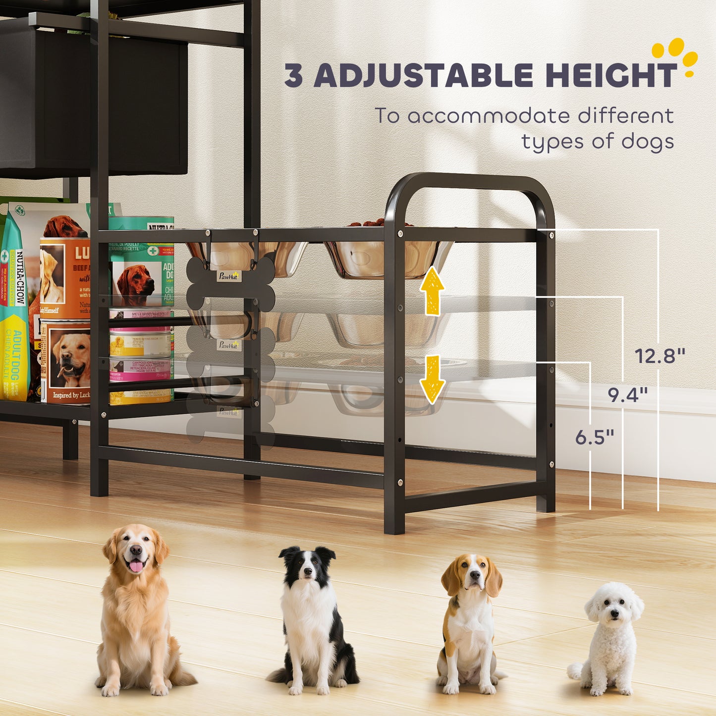 Height Adjustable Dog Bowl Stand with 4 Elevated Bowls and Toy Bin - Black