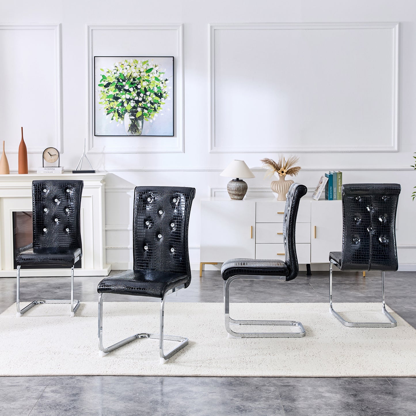 Set Of 4,Retro Alligator Skin Upholstered Dining Chairs,with Crystal