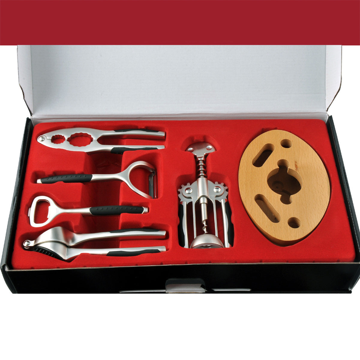 Six-Piece Wine Corkscrew Set - Offwhite Kitchen Barware with Bottle Opener, Garlic Press, Walnut Clip, Planer, Beer Opener, Wooden Base