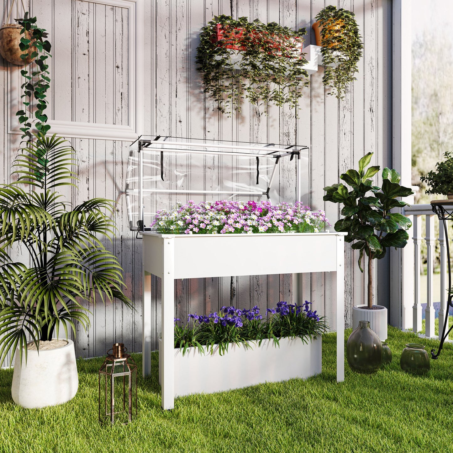 Raised Garden Bed with Greenhouse Cover - White 1090x480x80mm