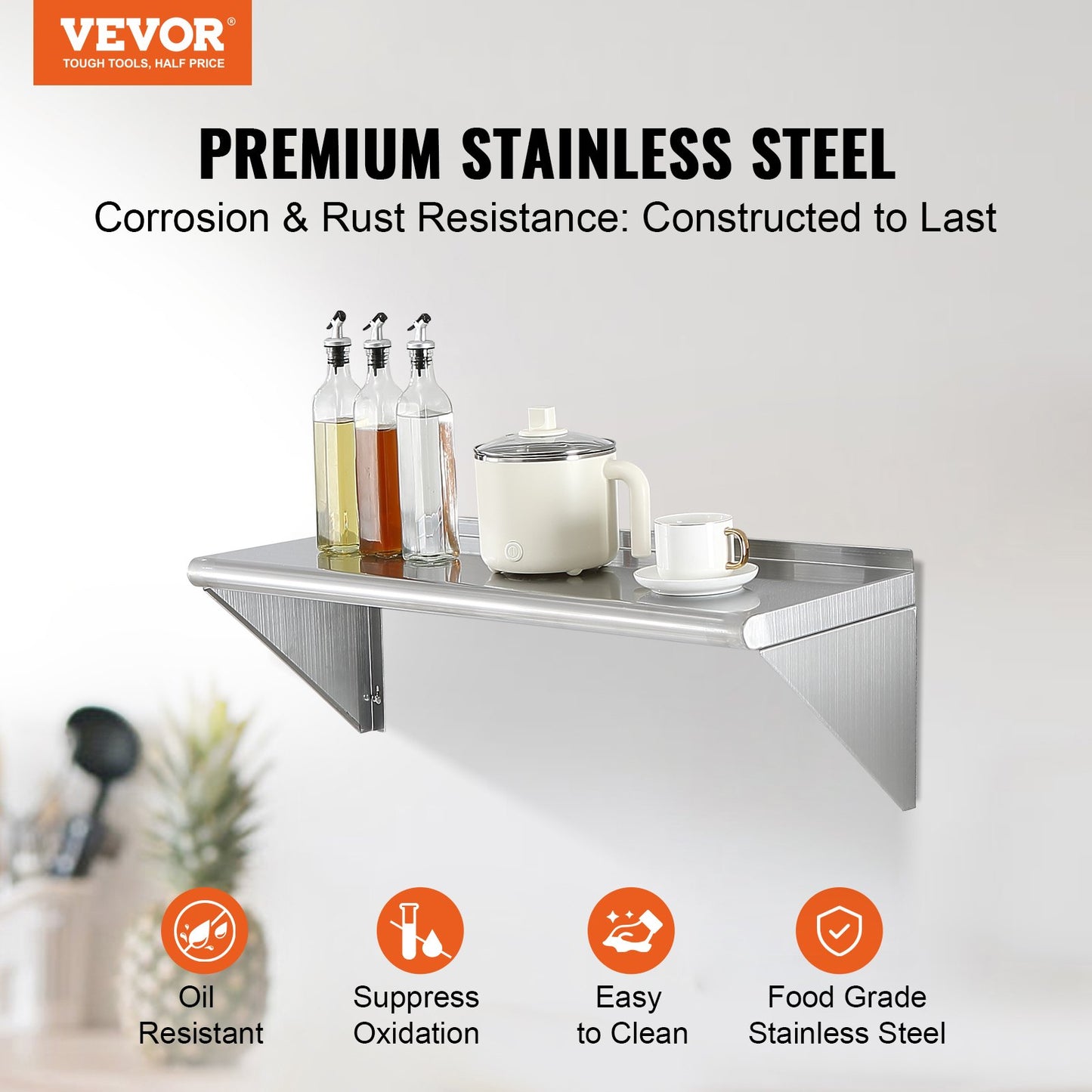 12" x 36" Stainless Steel Wall-Mounted Floating Shelf - 250 Lbs Capacity
