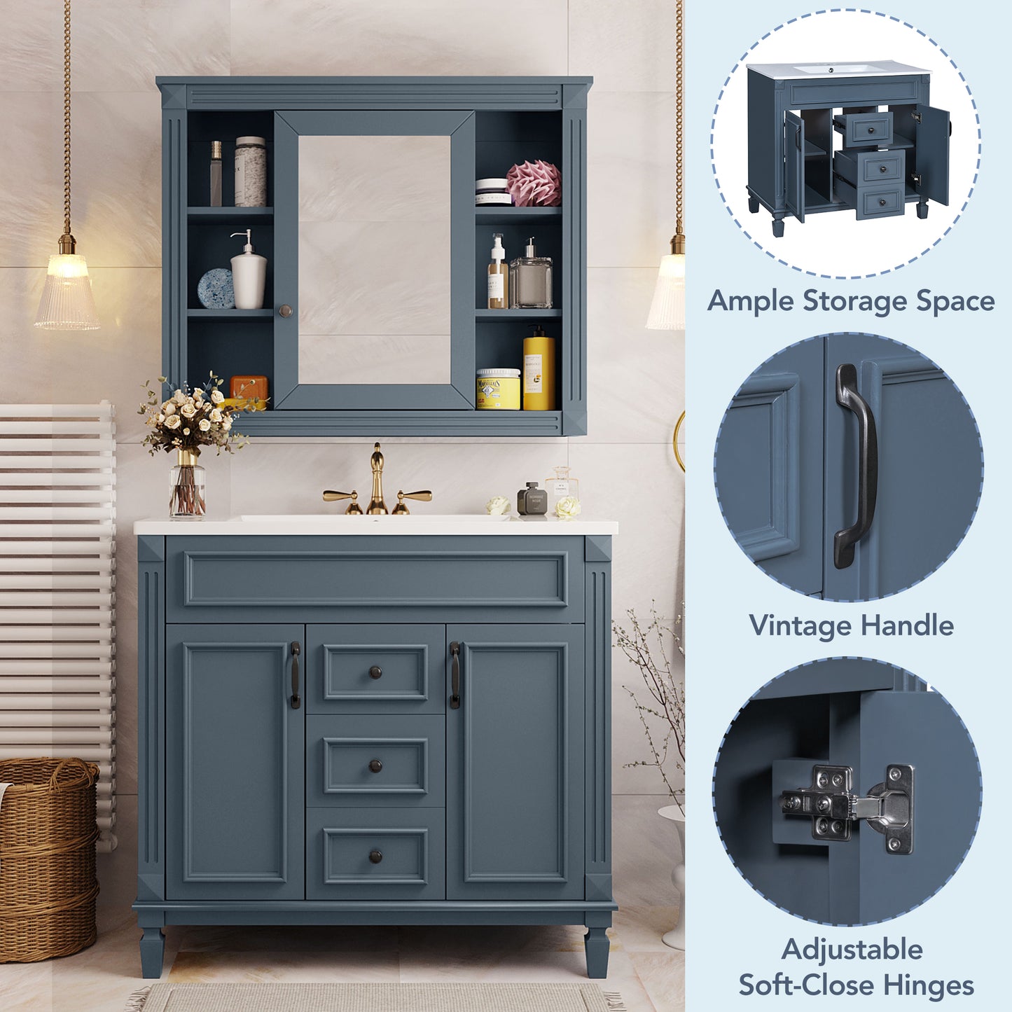 36'' Modern Bathroom Vanity with Blue Sink & Mirror Cabinet